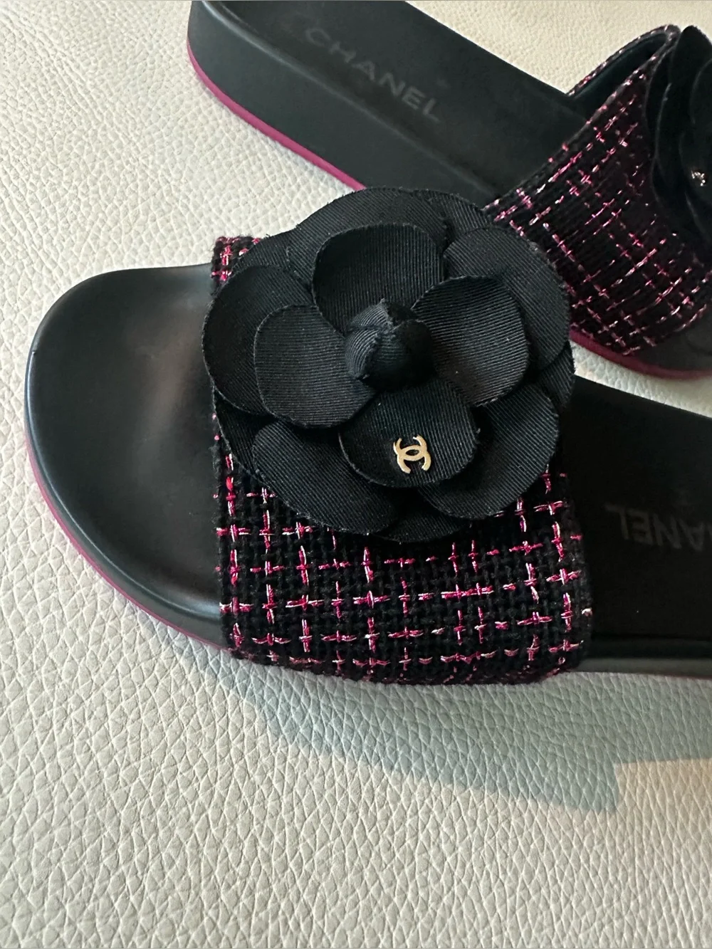 Chanel Tweed Slides Mules with Camellia Flower - NEW - EU 37